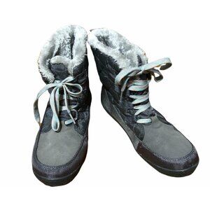 Winter Snow Boots Womens 9 Gray Quilted Tie Up Faux Suede Faux Fur Lined